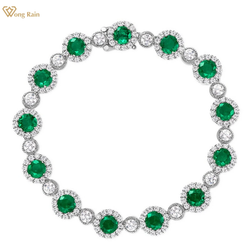 

Wong Rain Vintage 925 Sterling Silver Round Cut 5MM Emerald High Carbon Diamond Gemstone Bracelets Bangle Fine Jewelry for Women