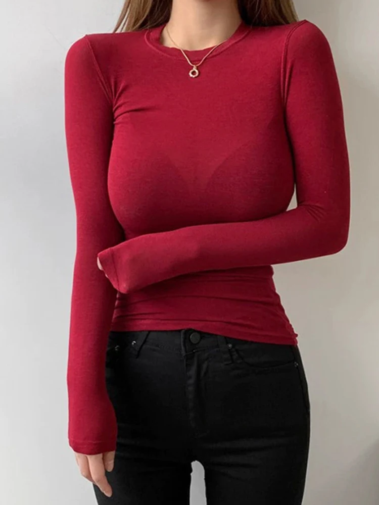 

T Shirt Korean Style Slim T-shirts Sexy Tshirts Cotton Long Sleeve Summer Tops Soft Thin Transparent Tee Shirt Femme White