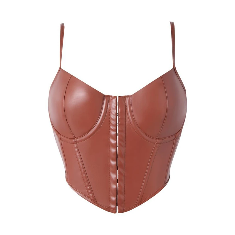 

Women Brown PU Leather Corset Crop Top Gothic Front Buckle Bra Push Up Bodice Sexy Lingerie Corselet Party Short Camis