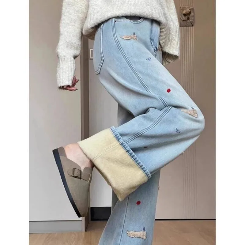 

Winter 2025 Pants For Women American Embroidered Flared Jeans Thick Fleece Lined High Waist Loose Fit Denim Trousers Trendy