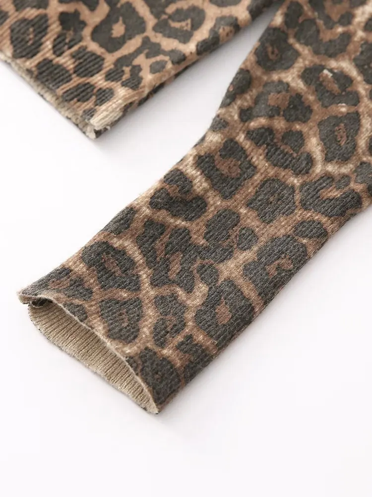 NLZGMSJ Damski kardigan z dzianiny na jesień 2025, wzór w panterkę, okrągły dekolt, długi rękaw, zapinany na guziki, sweter w stylu casual streetwear