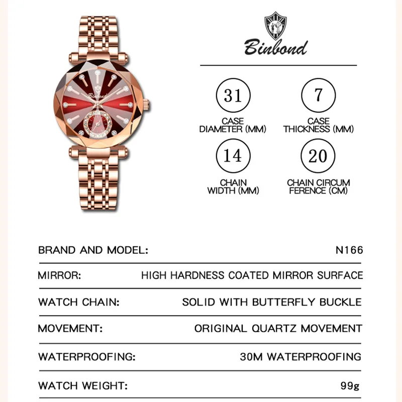 BINBOND Роскошные элегантные женские наручные часы, водонепроницаемые часы из нержавеющей стали для женщин, простые повседневные женские кварцевые часы