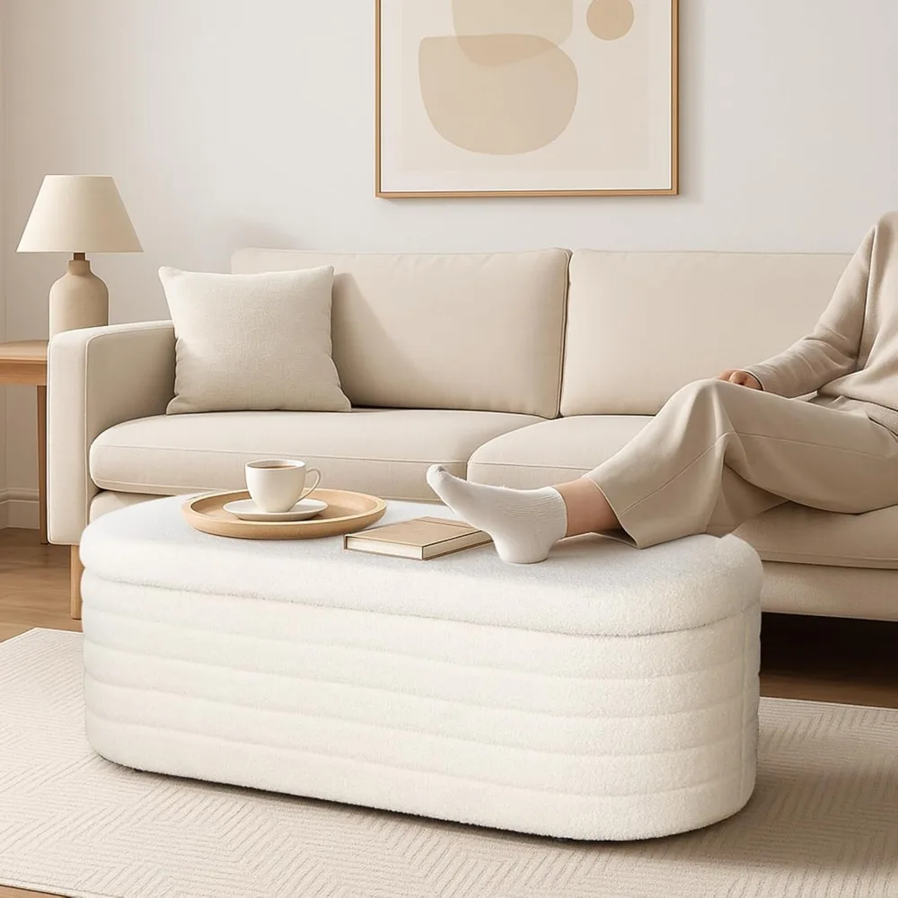 Modern Upholstered Storage Ottoman Bench, White Oval Window Seat with Safety Hinge Lid, Living Room Furniture