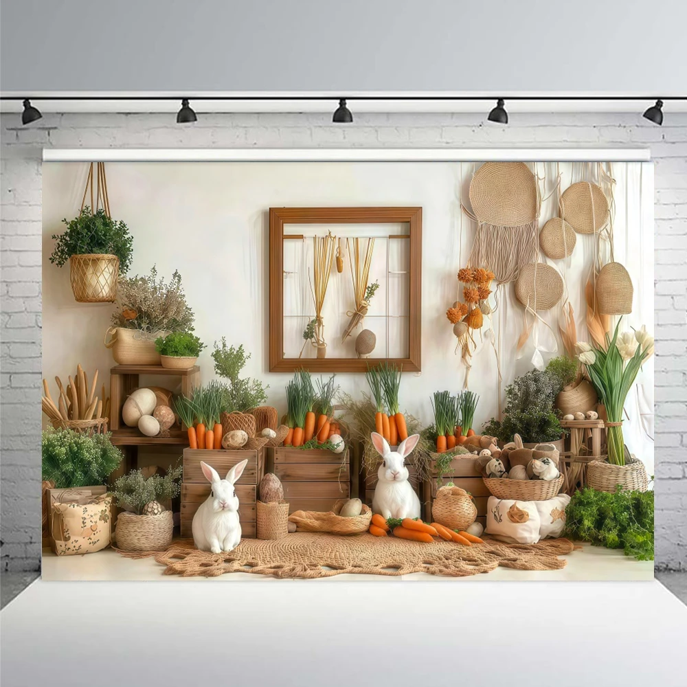 Spring Easter Photography Backdrop Bohemian Pampas Green Grass Carrots Eggs Rabbit Home Decor Kid Girl Portrait Photo Background