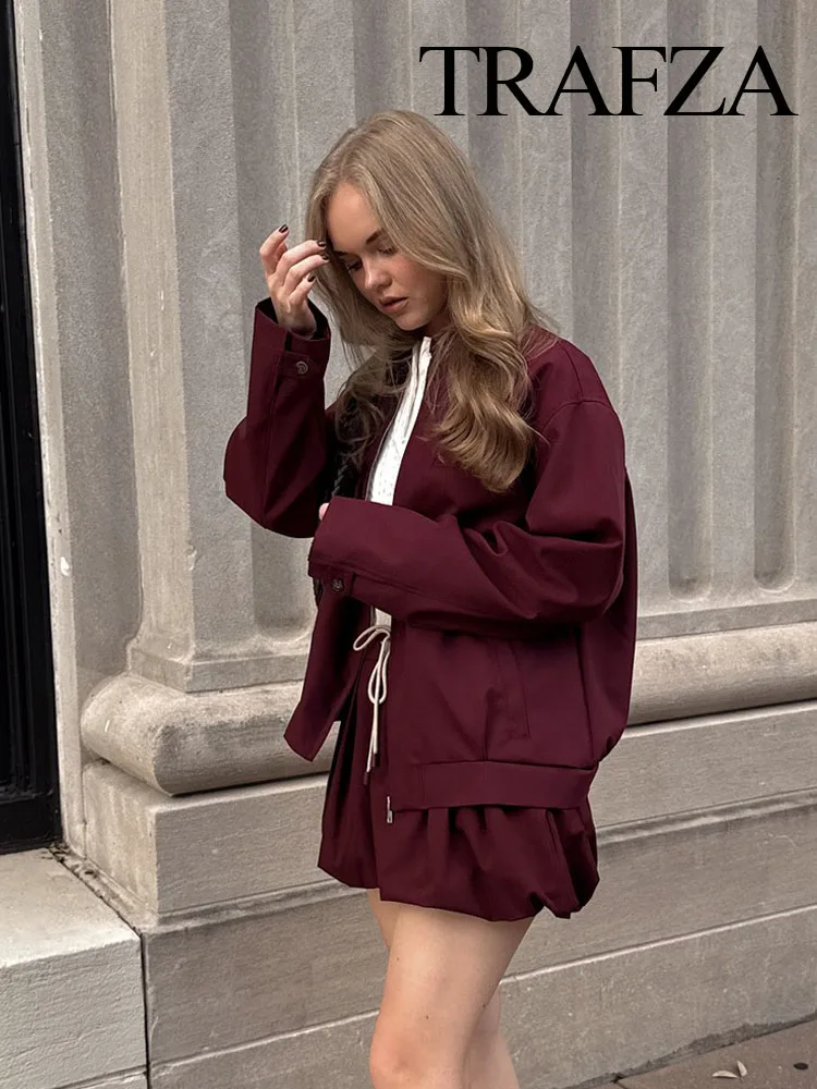 TRAFZA Female Sets Wine Red Turn-Down Collar Long Sleeves Zipper Jackets+High Waist Pockets Lace-Up Skirt Women Fashion Suits