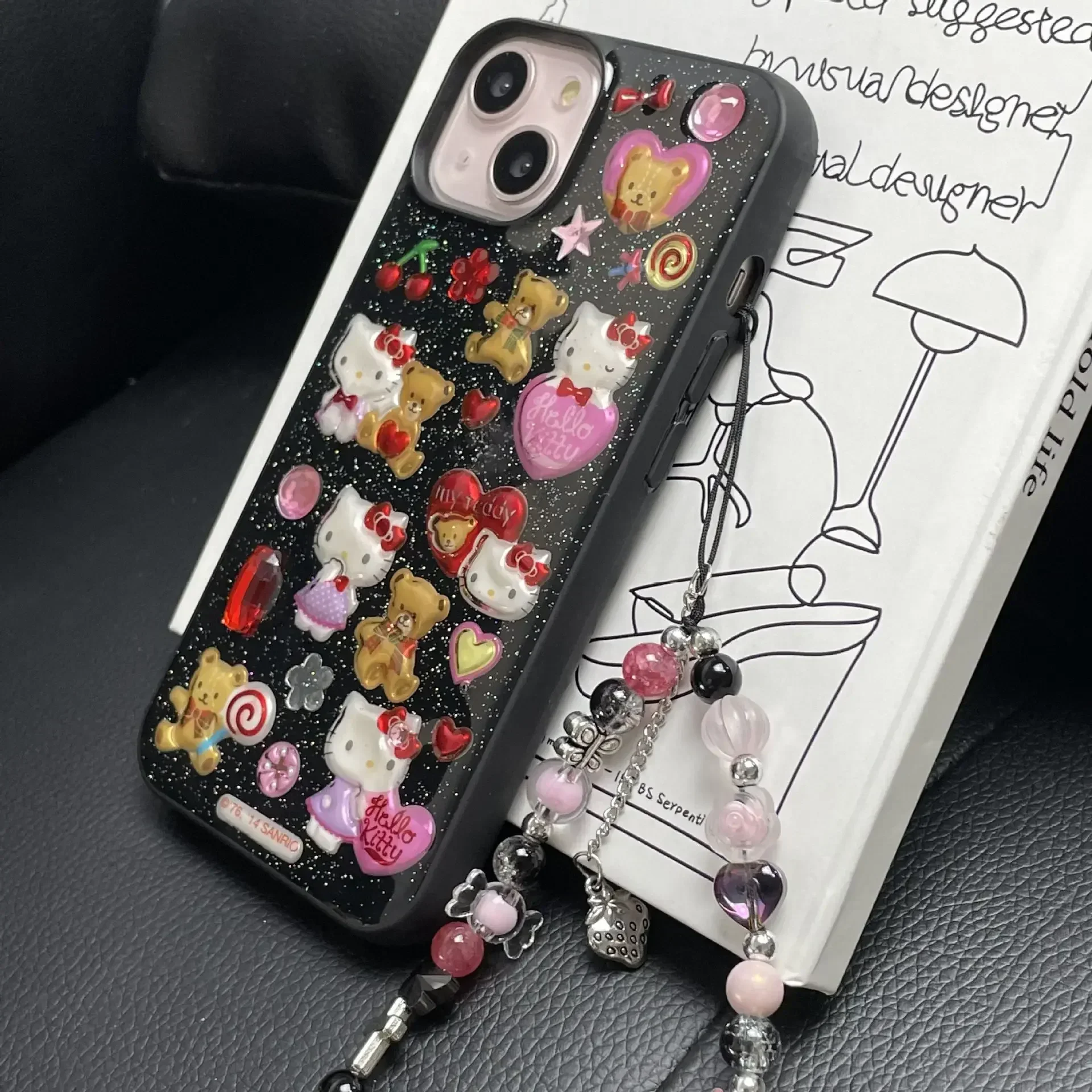 3D Cute Cartoon Sanrio Y2K Hello Kitty Sticker Bling Glitter Phone Case For iPhone 16 15 14 13 12 11 Pro Max Shockproof Cover