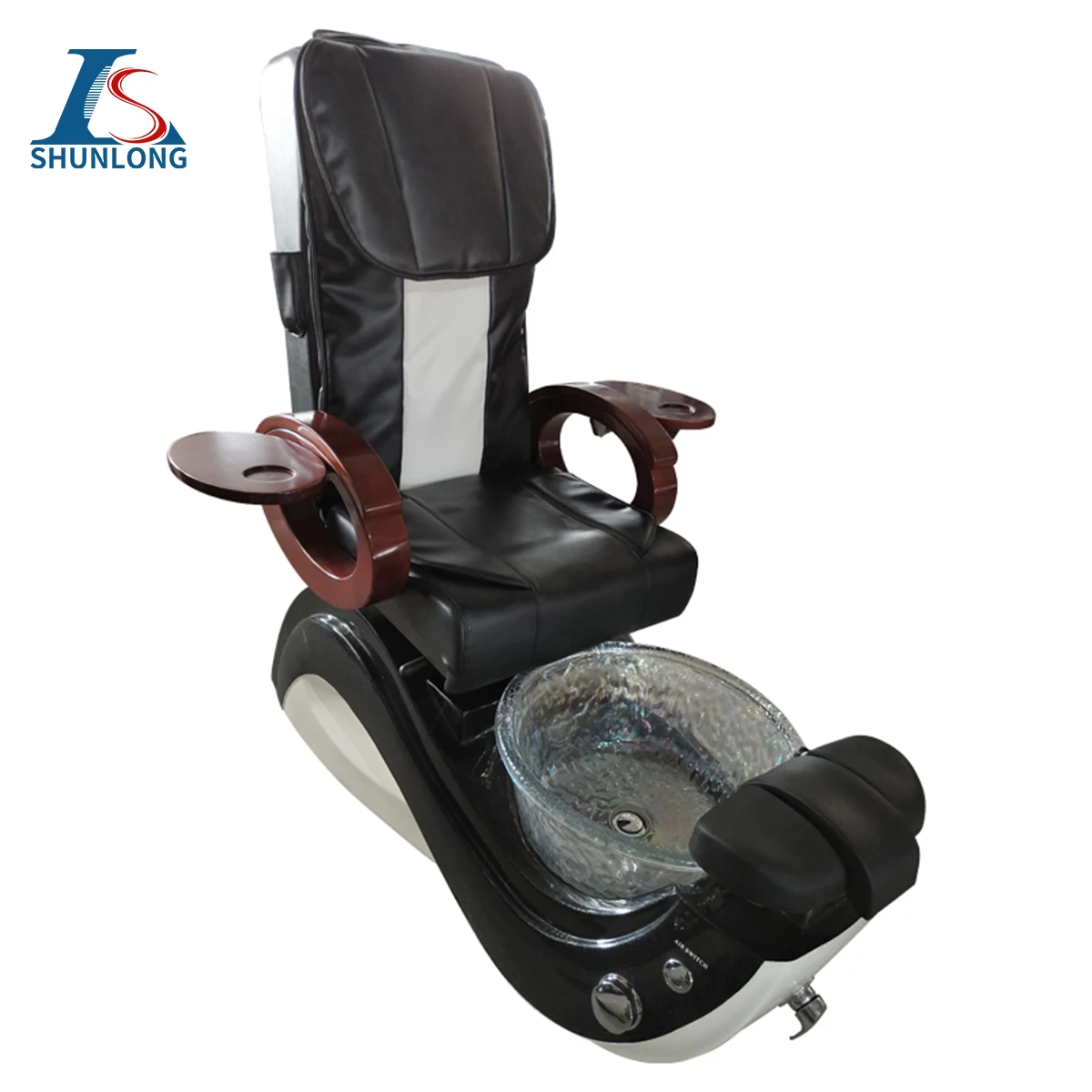Black & White PU Pedicure Spa Chair with Crystal Glass Foot Basin, Electric Reclining Foot Massage Chair, Wooden Armrest Nail Sa