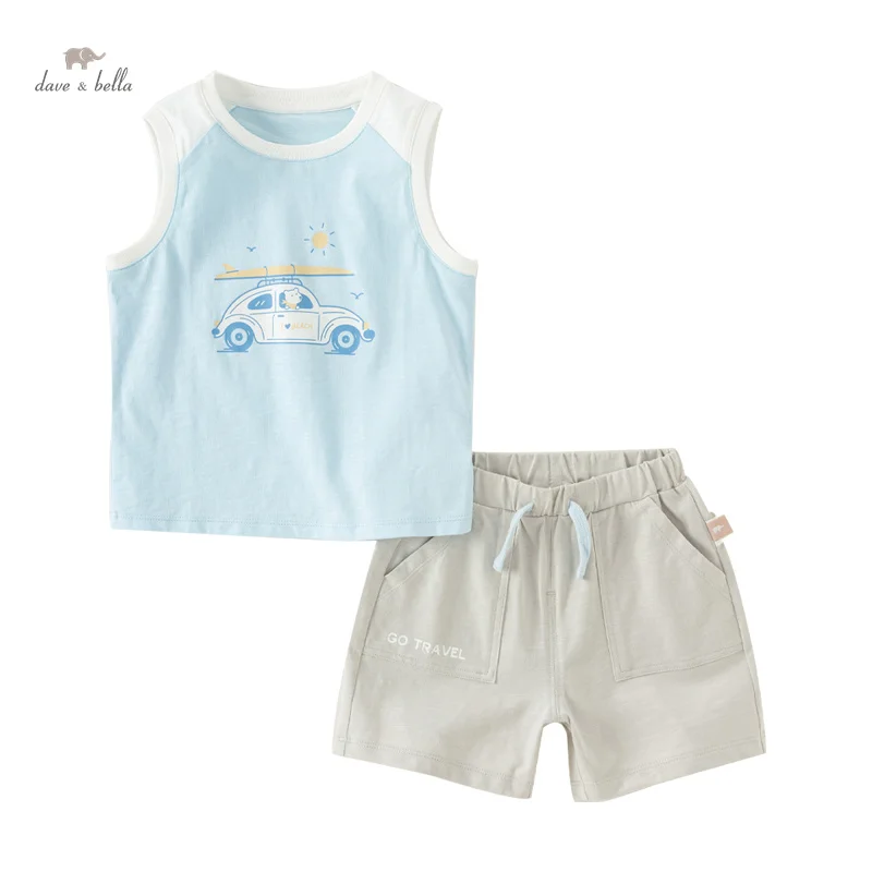 Dave Bella Boy's Suit 2024 New Summer Clothes Children's Sleeveless T-shirt Shorts Baby Two-Piece Set Casual Sport DB2240016