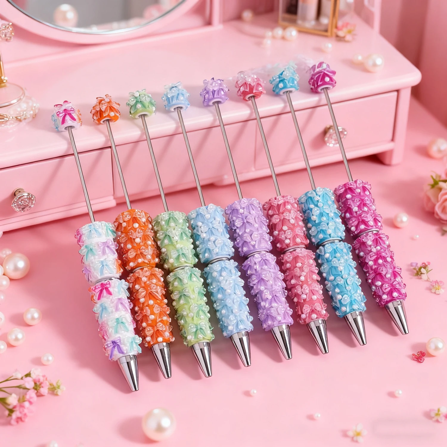 ปากกาลูกปัด DIY 8-48 ชิ้น – ปากกาลูกปัดประดับโบว์และมุก งานแฮนด์เมดน่ารัก เหมาะสำหรับเป็นของขวัญ นักเรียน ของชำร่วยงานปาร์ตี้