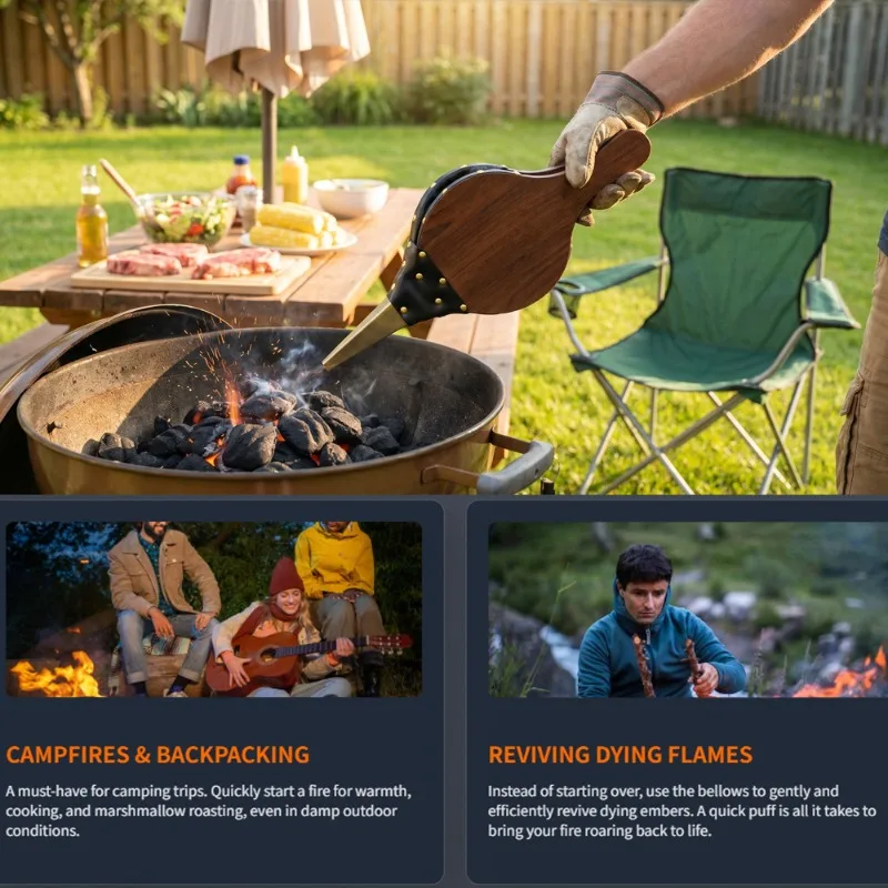 Hand Operated Fireplace Bellows,Wood & Leather Air Blower, Manual Fire Starter Bellows for Wood Stove, Camping Fire Pit,Barbecue