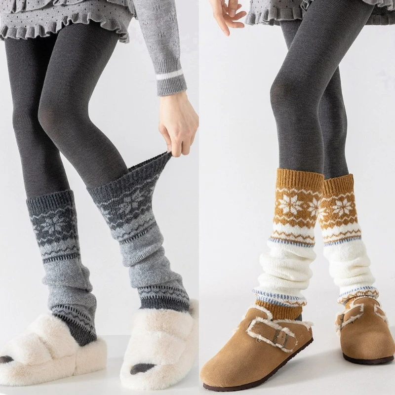 

Fair Isle Snowflake Pattern Knitted Leg Warmers Women Pile-up Socks Autumn Winter Thick Warm Fashion Retro Versatile Leg Covers