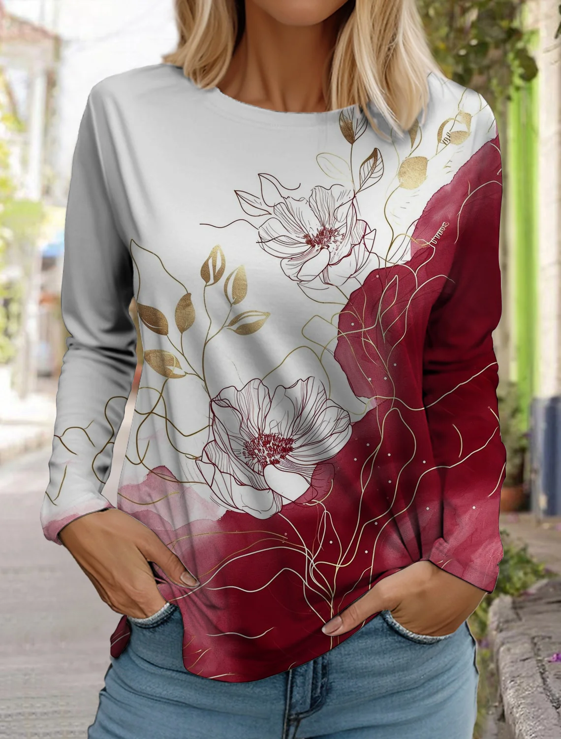 2024 damskie modne topy w stylu hawajskim z długim rękawem i okrągłym dekoltem, swobodny t-shirt z długim rękawem, nowy kwiatowy nadruk 3D