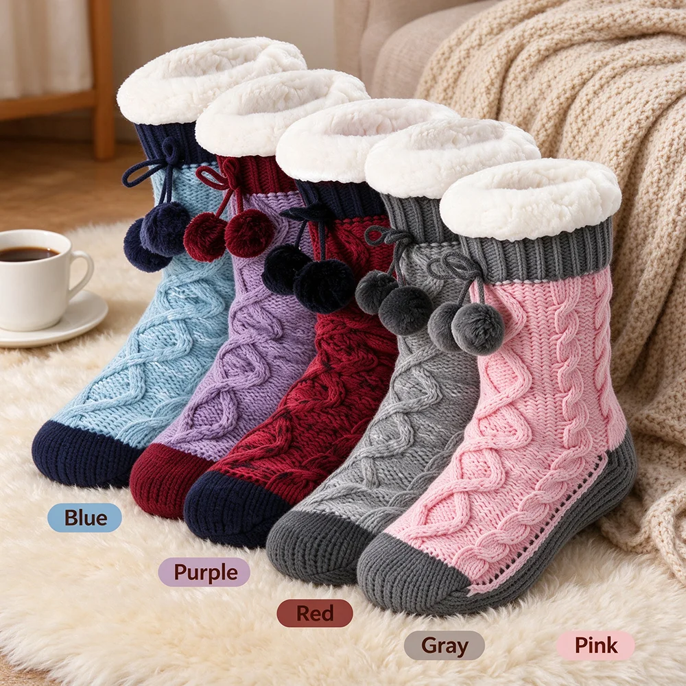 Winter Cable Knit Slipper Socks Sherpa Fleece Lined Thick Warm Non Slip Indoor Floor Socks Cozy Home Sleep Socks for Women