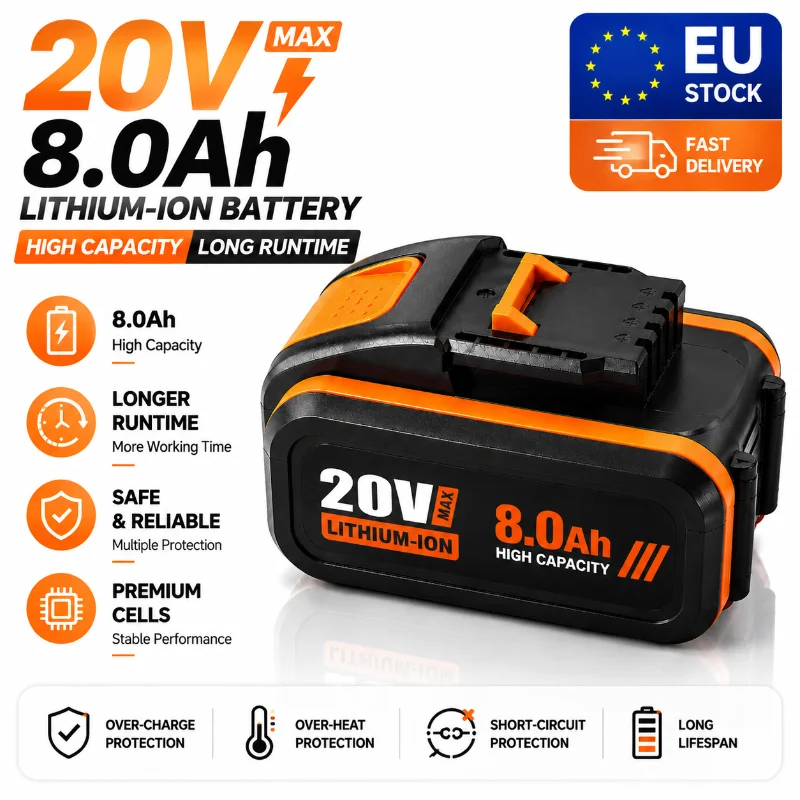 20V 8000mAh Li-Ionen-Ersatzakku kompatibel mit Worx Elektrowerkzeugen WX390 WX176 WX166.4 WX372.1 WX800 WX678 WX550 WX532 WG894E WG629E WG329E Hochleistungs-Akku EU Polen Lager Schnelle Lieferung