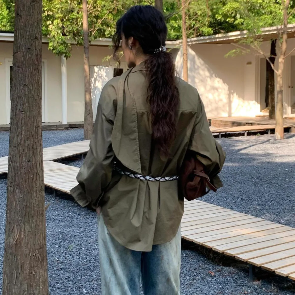 BJTZ Lose Fit Reine Farbe Rüschen Kragen Hemd Für Frauen 2025, Frühling Herbst Neue Vielseitige Vintage Casual Weibliche Bluse Top