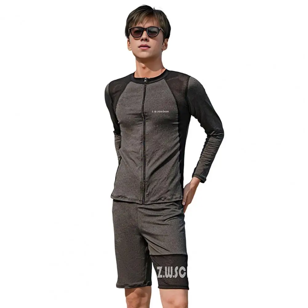 Zipper Swimsuit Top Unisex Long Sleeve Swimsuit Set with Zipper Closure Top Adjustable Waist Shorts for Surfing for Quick-drying image 2