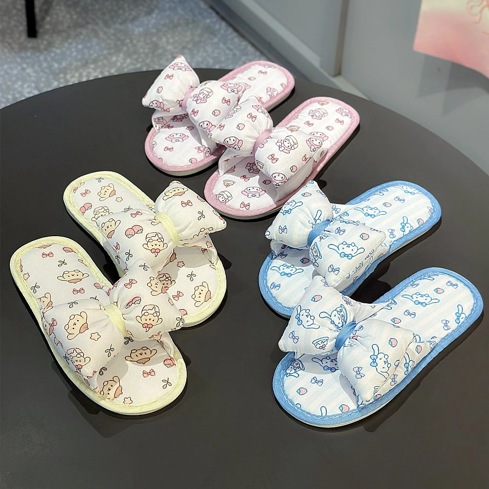 Sanrio Cute Slippers Big Bowknot Kuromi My Melody Indoor Shoes Cartoon Anime Pochacco Cinnamoroll Comfortable Slipper Flat Girl