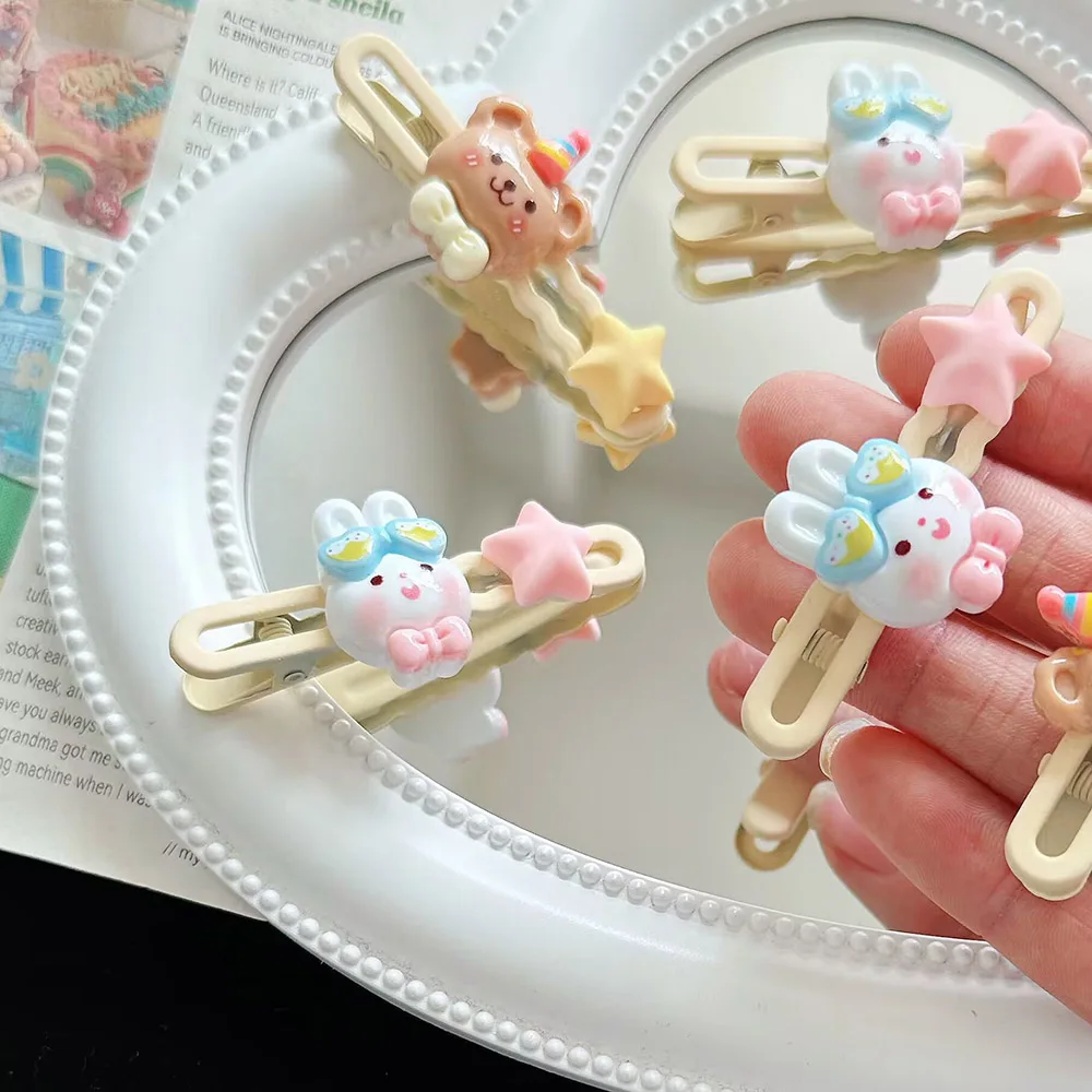 

2PCS Kid's Hair Accessories Summer Fresh Cartoon Rabbit Stars Duck Beak Clips Girl's Cute Sweet Soft Side Hairpins