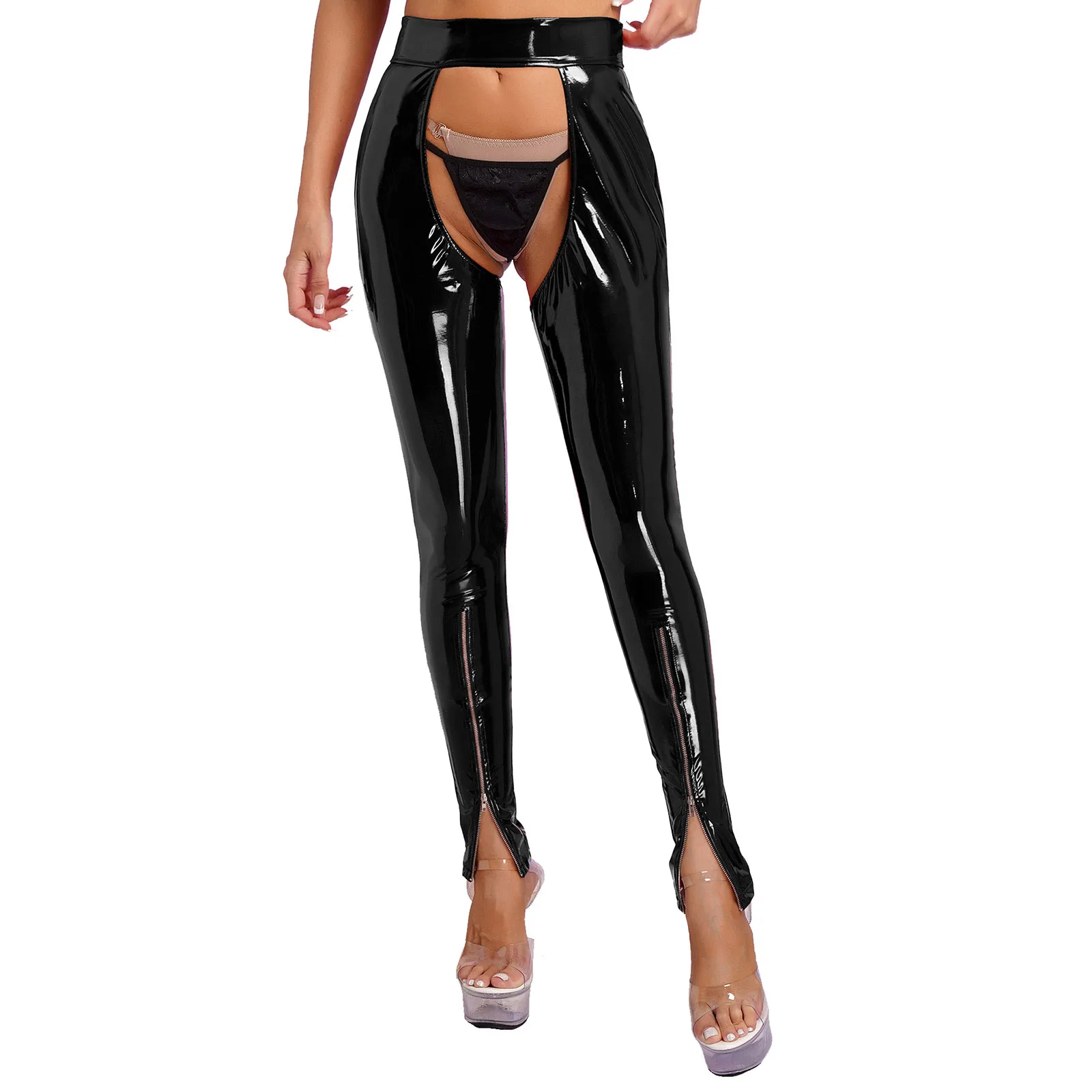 

Womens Open Crotch Patent Leather Leggings Pants Exotic Wet Look Lingerie Backless Zipper Leg Pants Clubwear