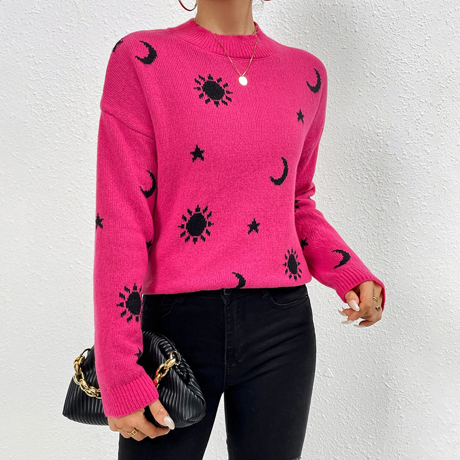 เสื้อถักไหมพรมพื้นฐานสำหรับฤดูใบไม้ร่วง สไตล์สตรีทแวร์ ผู้หญิง น่ารัก สวมใส่สบาย เสื้อสเวตเตอร์ลำลอง ลายแจ็คการ์ดพระอาทิตย์และพระจันทร์ เสื้อไหมพรมอุ่นๆ