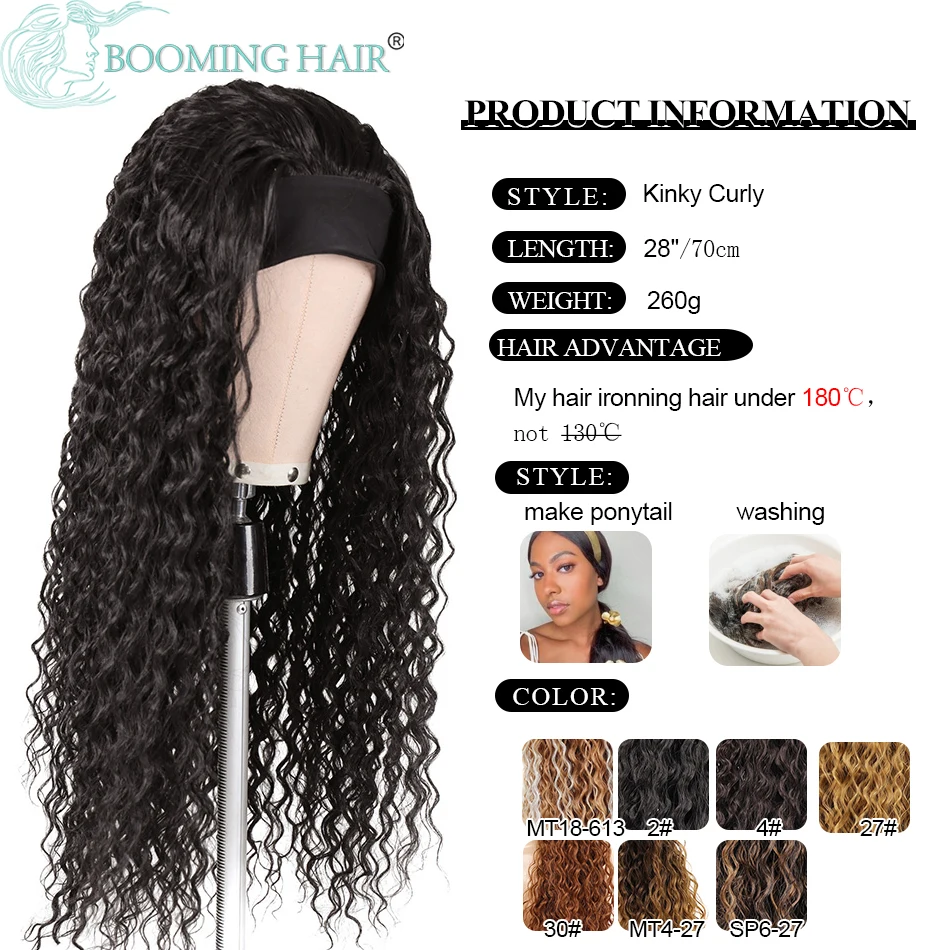 Long Curly Headband Perucas para Mulheres Negras, Cabelo Ondulado Kinky, Onda De Água, Glueless, Sintético, Máquina, Soku, 28\