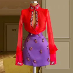 Red Cocktail Dresses Sheath V-neck Long Sleeves Short Mini Chiffon Beaded Homecoming Dresses Haute Couture Customized