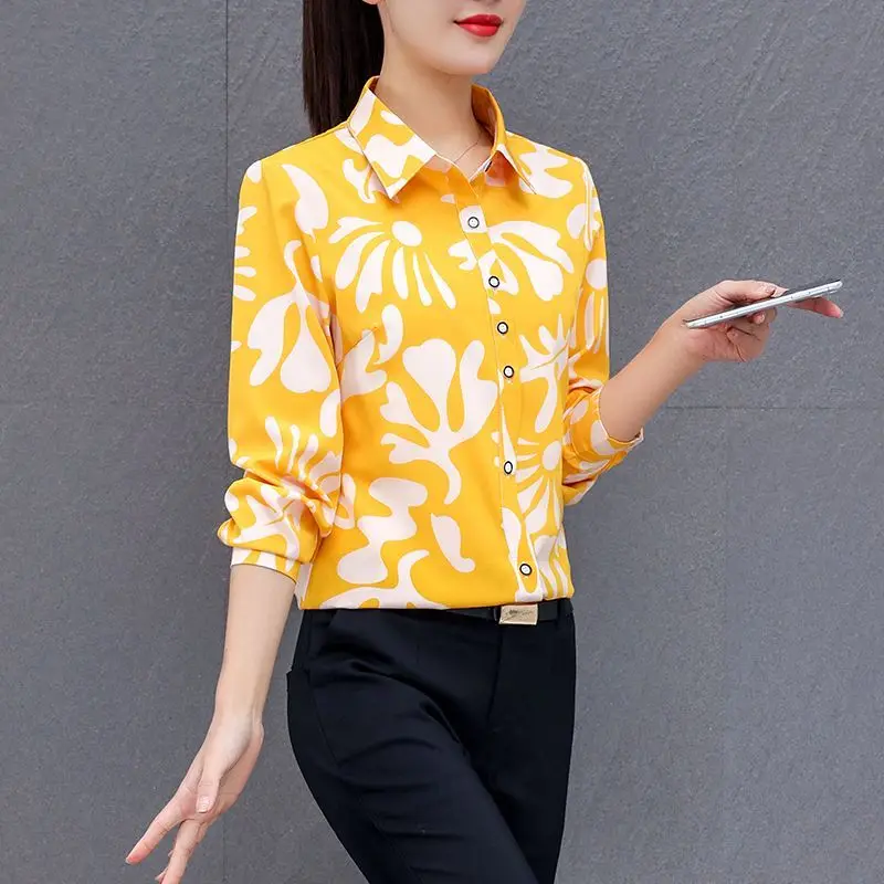 2024 High End Women\'s New Spring Autumn Turn-down Collar Button Printed Elegant Versatile Slim Long Sleeve Commuter Shirt Top