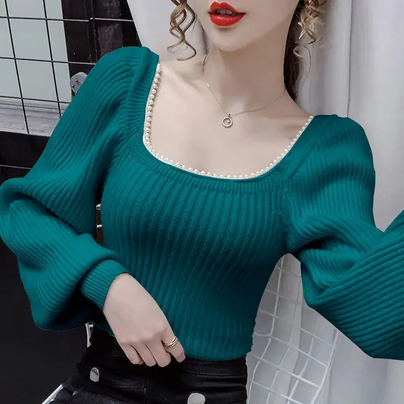 ساحة الرقبة سليم صالح حبة محبوك سترة البلوز 2024 الخريف جديد لباس خارجي بلون شيك طويل فانوس الأكمام