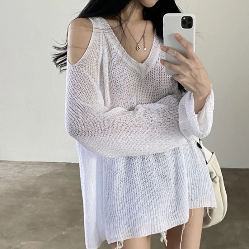 Spring Summer New Knitting Pullovers Women V-neck Fashion Long Sleeve Solid Color Tops Off Shoulder Hollow Out Female Clothing