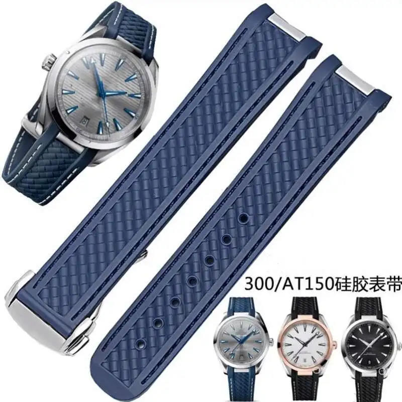 High Grade Curved End Silicone Rubber Watchband 20Mm Black Blue Waterproof Strap Fit For Omeg Seamaster 300 Speedmaster Watch