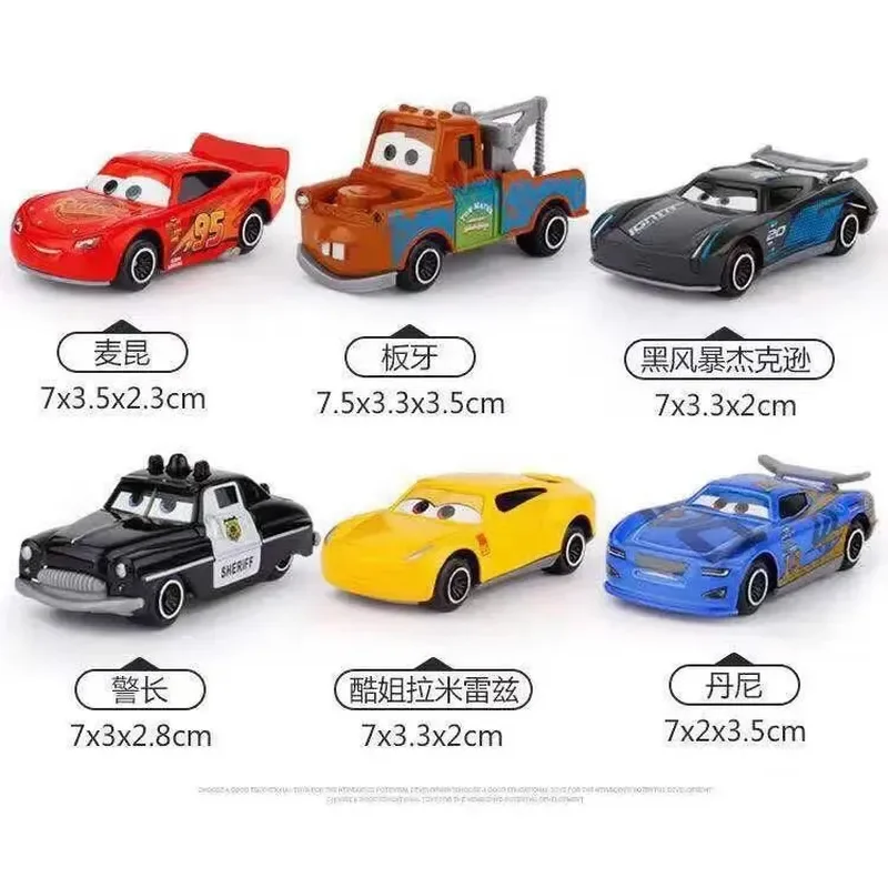 Periféricos de anime, 6 peças, carros de desenho animado, brinquedos, liga mcqueen mater jackson tempestade, estatueta de anime, brinquedos colecionáveis para meninos, presente para crianças