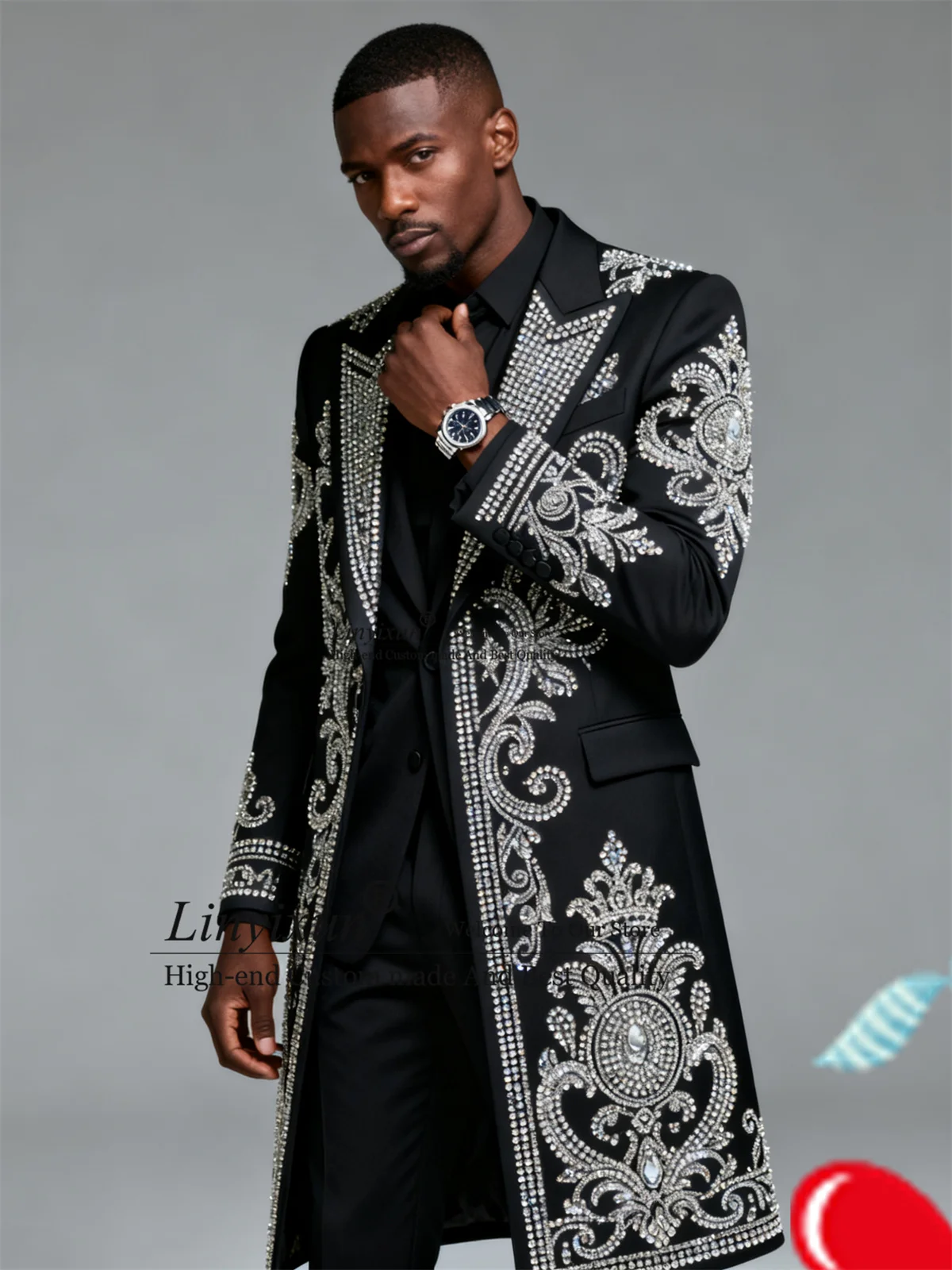 

Fashion Long Coat Pant Men Suits Customized Stone Rhinestone Tuxedos Costume Homme 3 Pieces Sets Groom Wedding Party Ropa Blazer