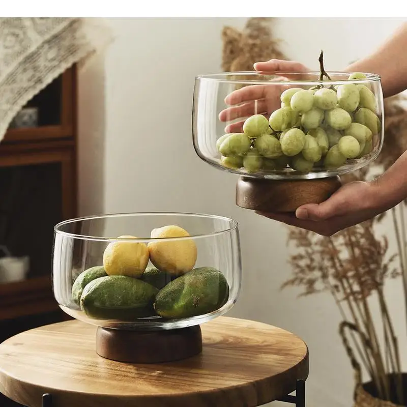 European Transparent Glass Fruit Tray Wooden Base Candy Dessert Storage Salad Bowl Coffee Table Desktop Home Decoration New