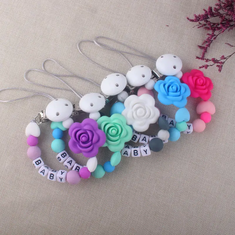 New Baby Personalized Silicone Pacifier Chain Flowers Silicone Pacifier Clip Baby Name Custom Teether Anti-Drop Chain