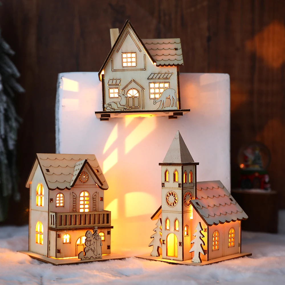 Christmas Wooden House with LED Light Christmas Decorations for Home DIY Xmas Tree Hanging Ornaments New Year Kids Gifts 2025