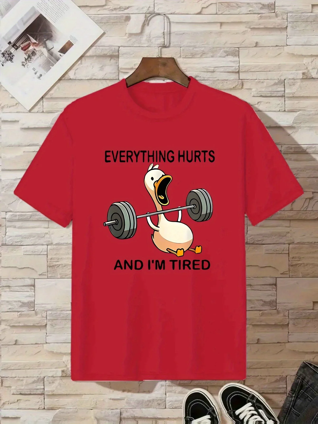 Funny Weightlifting Duck Letter Print Short Sleeve T Shirt Everything Hurts And Im Tired Cartoon Duck Graphic Casual Tee Top