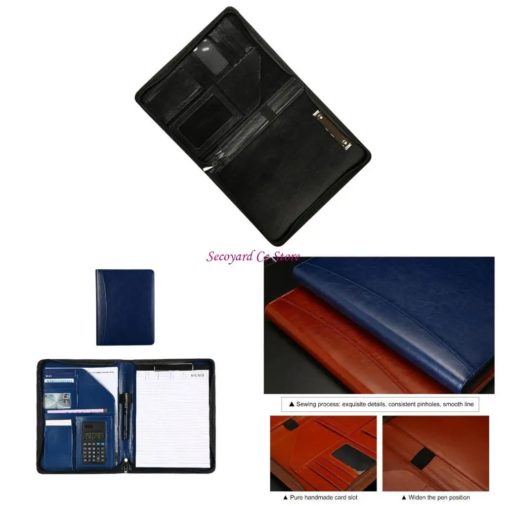 

N3UC Leather Conference Folder Multiple Compartments Zippered Business Document Case
