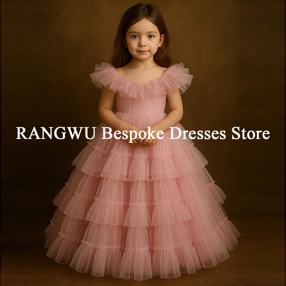 

Pink Flower Girl Dress for Wedding Tiered Flare Sleeves Customized Kids Princess Pageant Party Dress Customized