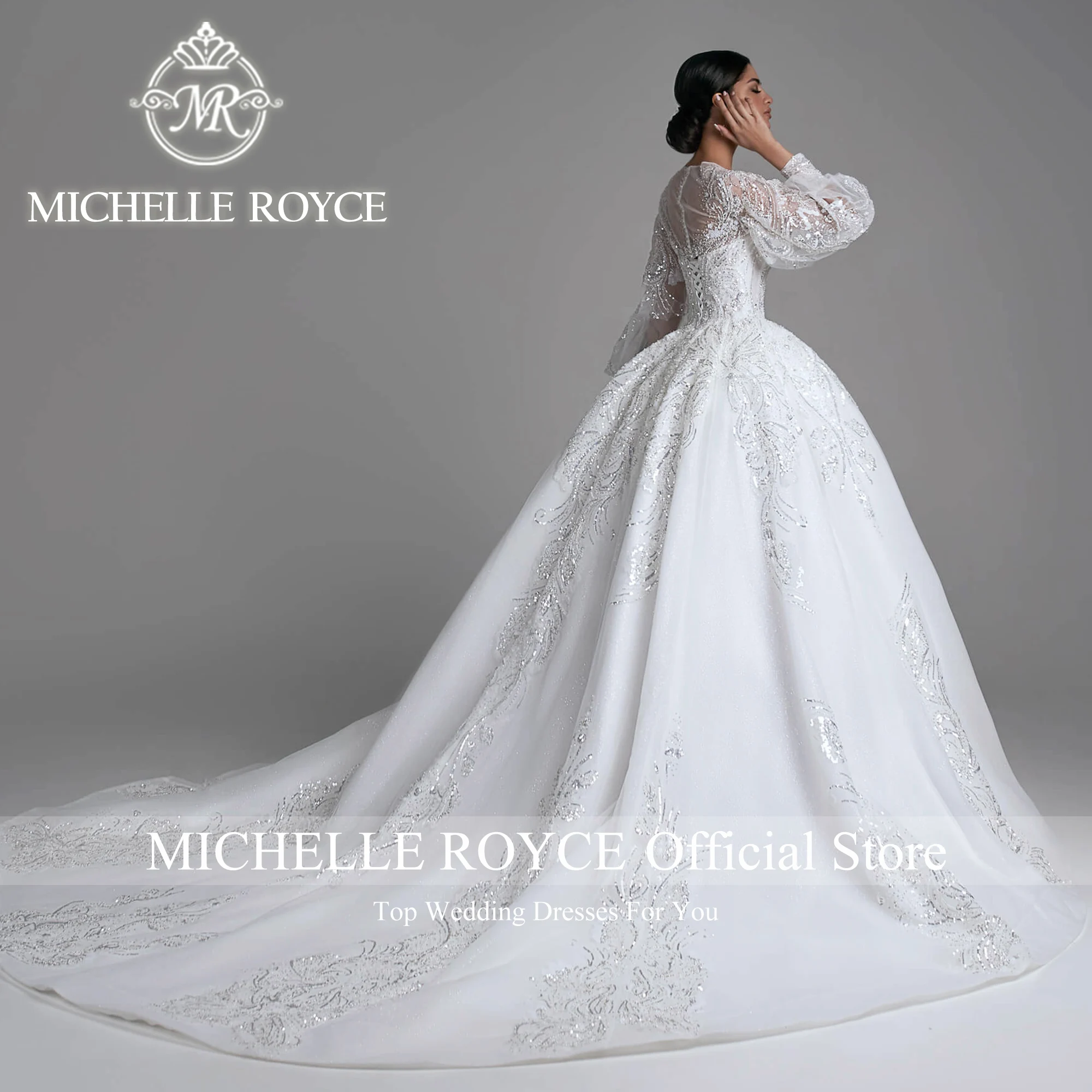 Michelle Royce Ball Gown Wedding Dresses For Woman Puff Sleeve Invisible Neckline Sequined Wedding Gown Vestidos De Novia