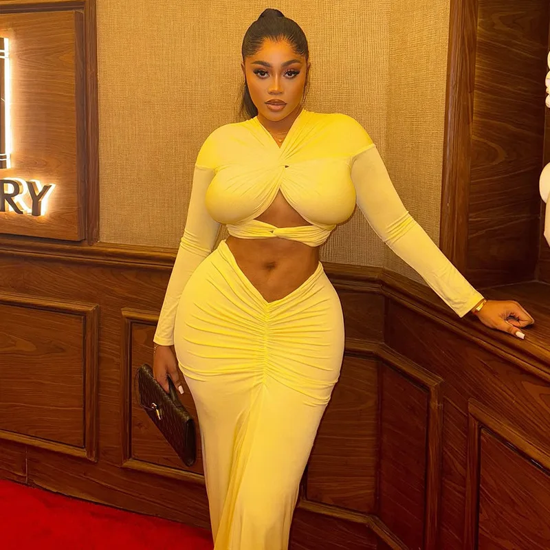 

Twist Hollow Out 2 Piece Set Women Solid V Neck Hollow Out Long Sleeve Crop Tops + Ruched Bodycon Maxi Skirts Party Dress Suits