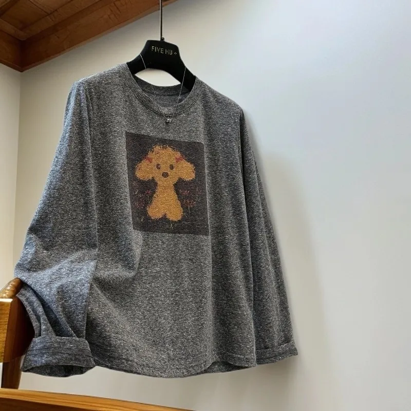 

Loose Fit Long Sve T-irt Men's Autumn Winter Cartoon Dog Print Fce Brued Comfortable Polyester Casual Top