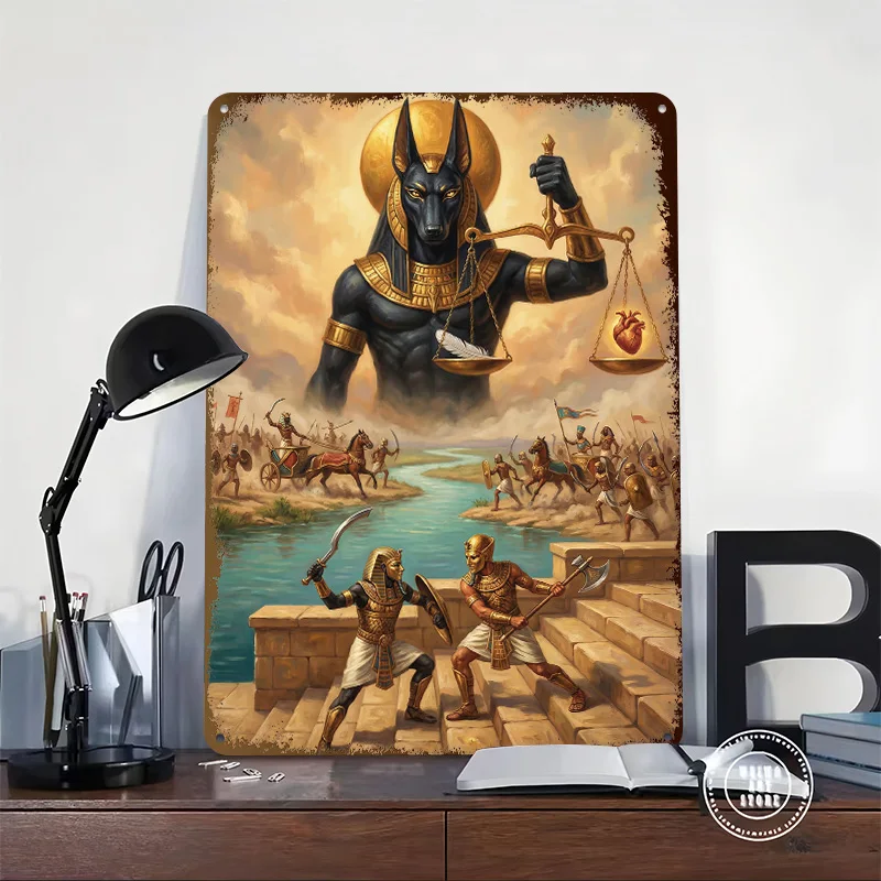 Anubis Weighs the Heart Against Tinplate Poster Customized Wall Art Vintage Metal Signs Retro Plates for Bedroom Decorations