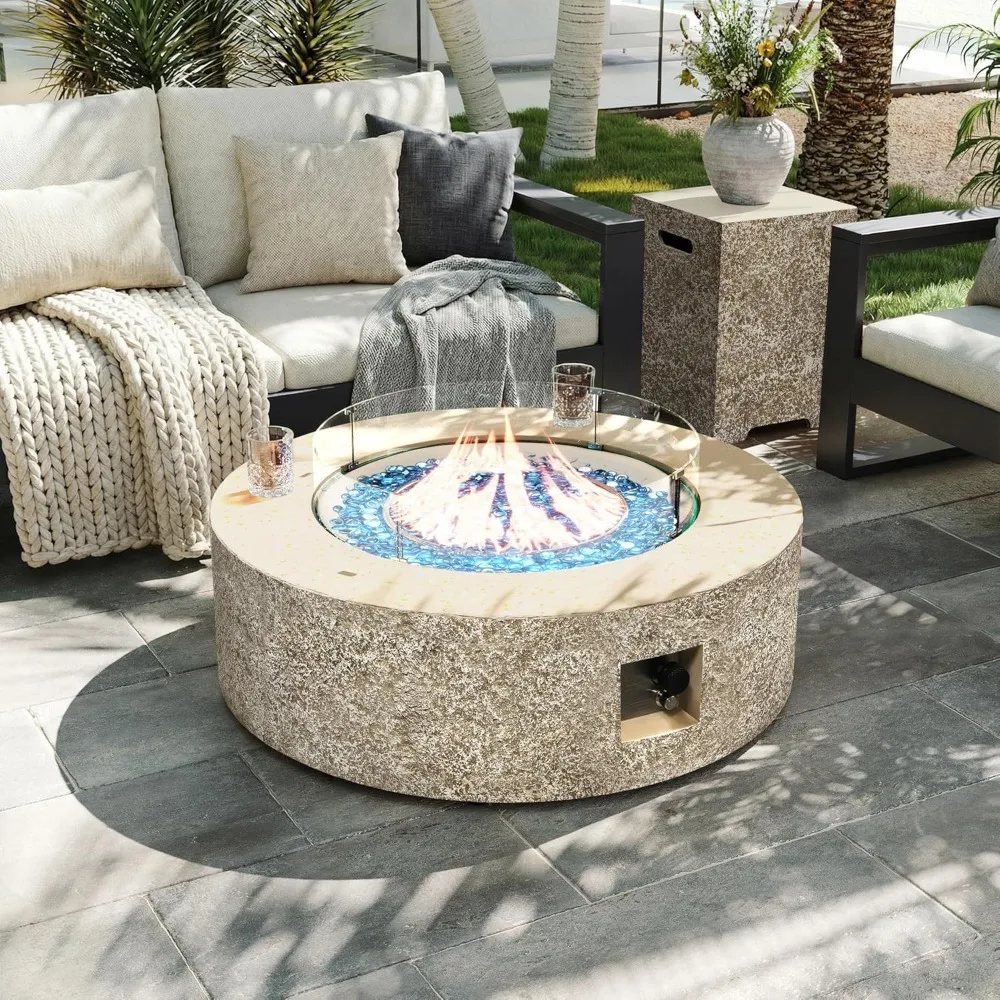 

42-дюймовый уличный газовый стол-костровище на пропане, 50000 BTU, круглое бетонное костровое место для патио с крышкой для баллона с пропаном, ветрозащитным экраном