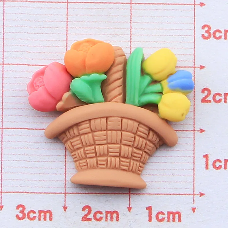 10Pcs New Cute Flower Basket Resin Flatback Cabochon Ornament Jewelry Making Hairwear Colorful Flowers Flat Back Scrapbooking