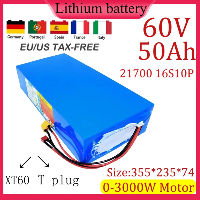 60V 50Ah 21700 16S10P Lithium Battery pack built-in 50A BMS for 67.2V 0-3000W High Power high quality RV Outdoor Backup battery