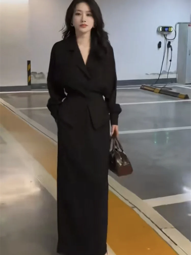 

Осень-зима 2021, новый высококачественный темпераментный утягивающий топ с воротником с лацканами и длинными рукавами + полуюбка для женщин