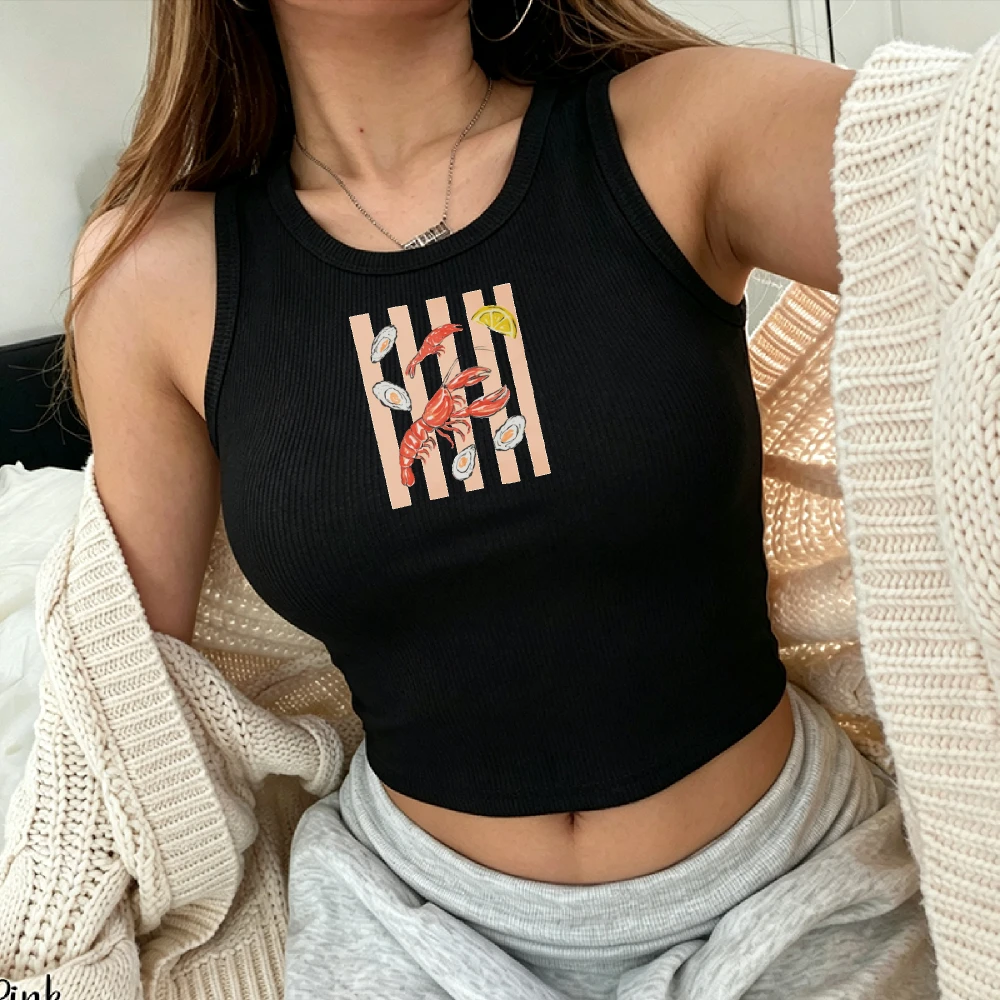 Vertical Stripe Background Lobster Boiled Egg Lemon Hand Drawn Art Camisole Ribbed Tank Top Crop Y2K Top Women Cropped Slim Tops