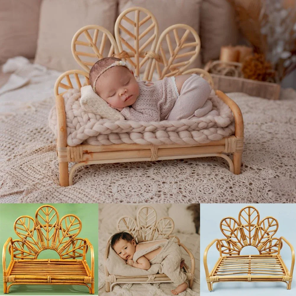 Newborn Photography Props Baby Rattan Bench Flower Peacock Chair Bed Bamboo Crib Boy Girl Session Posing Furniture Accessories