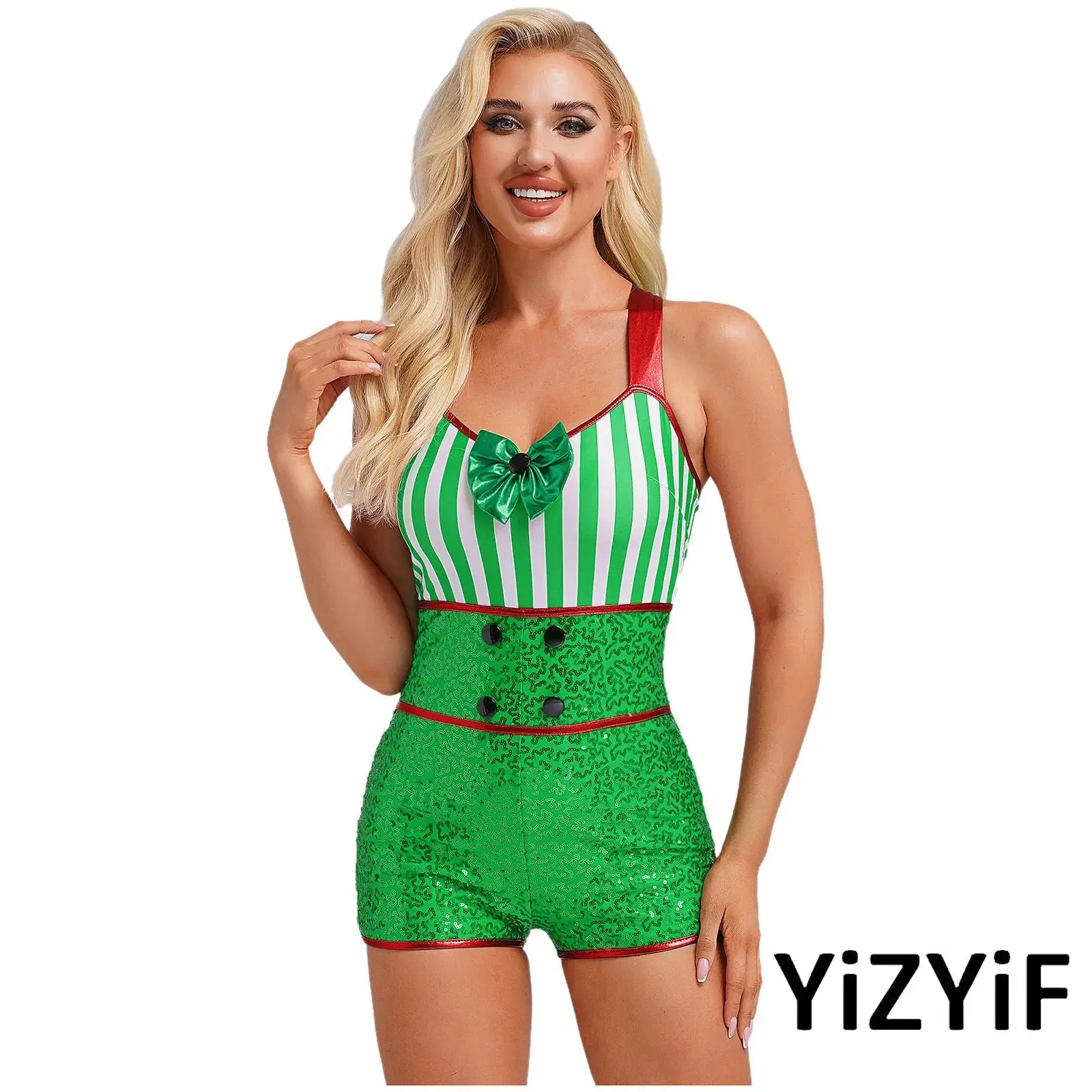 

Women Sparkling Christmas Bodysuit Sequin Bow And Candy Cane Stripes Xmas Jumpsuit for Holiday Parties And Dance Performances