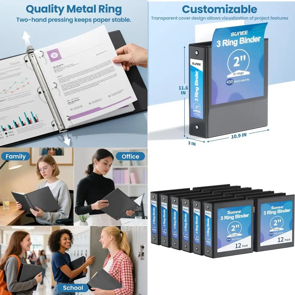 

2 Inch 3-Ring Clear View Binders, 12-Pack, PVC-Free for School, Office, and Home Use, Black